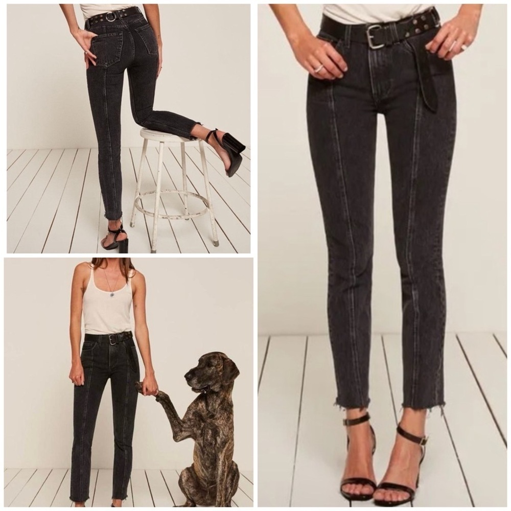Reformation Seamed Jean Pacific Black Ankle Frayed Hems High Rise Skinny Jeans‌